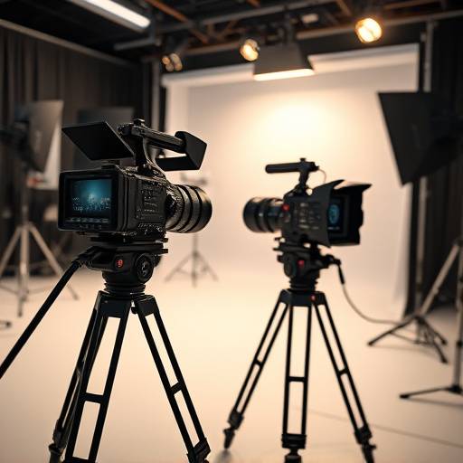 En profesjonell videograf som filmer med et stort videokamera på et stativ i et studio.